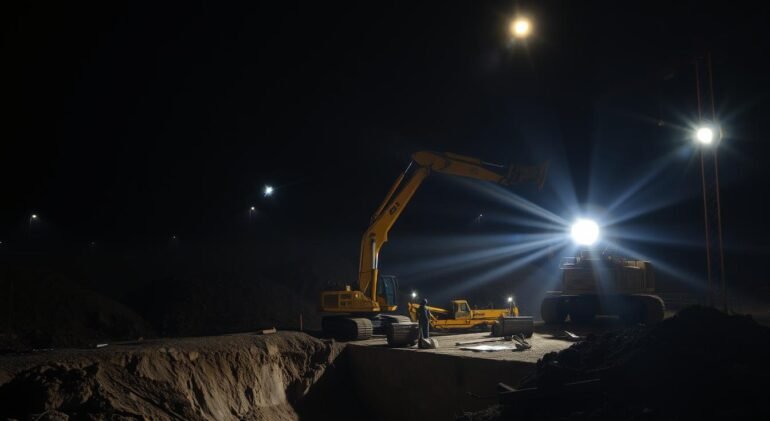 Iluminação correta para frentes de escavação noturna
